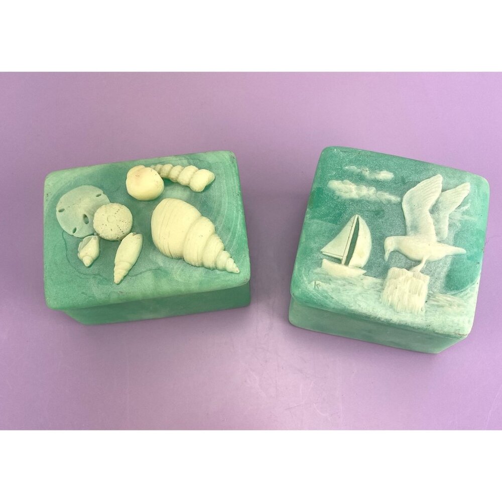 Vintage 80s Incolay trinket boxes, set of two, carved coastal design